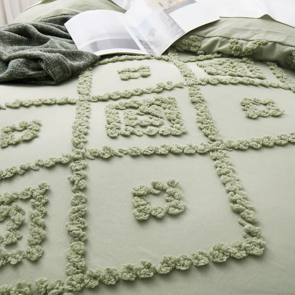 3PC QUEEN KING DUVET SET Sage Green Boho Cottage Tufted Duvet & Pillowcases